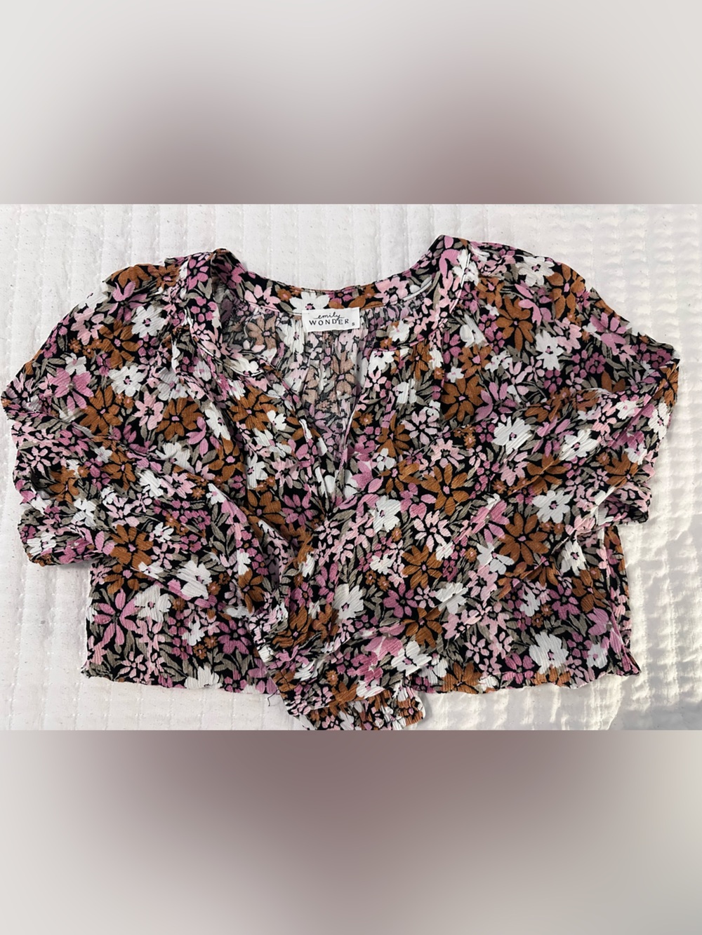 Wonderly Pink, Brown & White Floral Ruffle-Sleeve Blouse